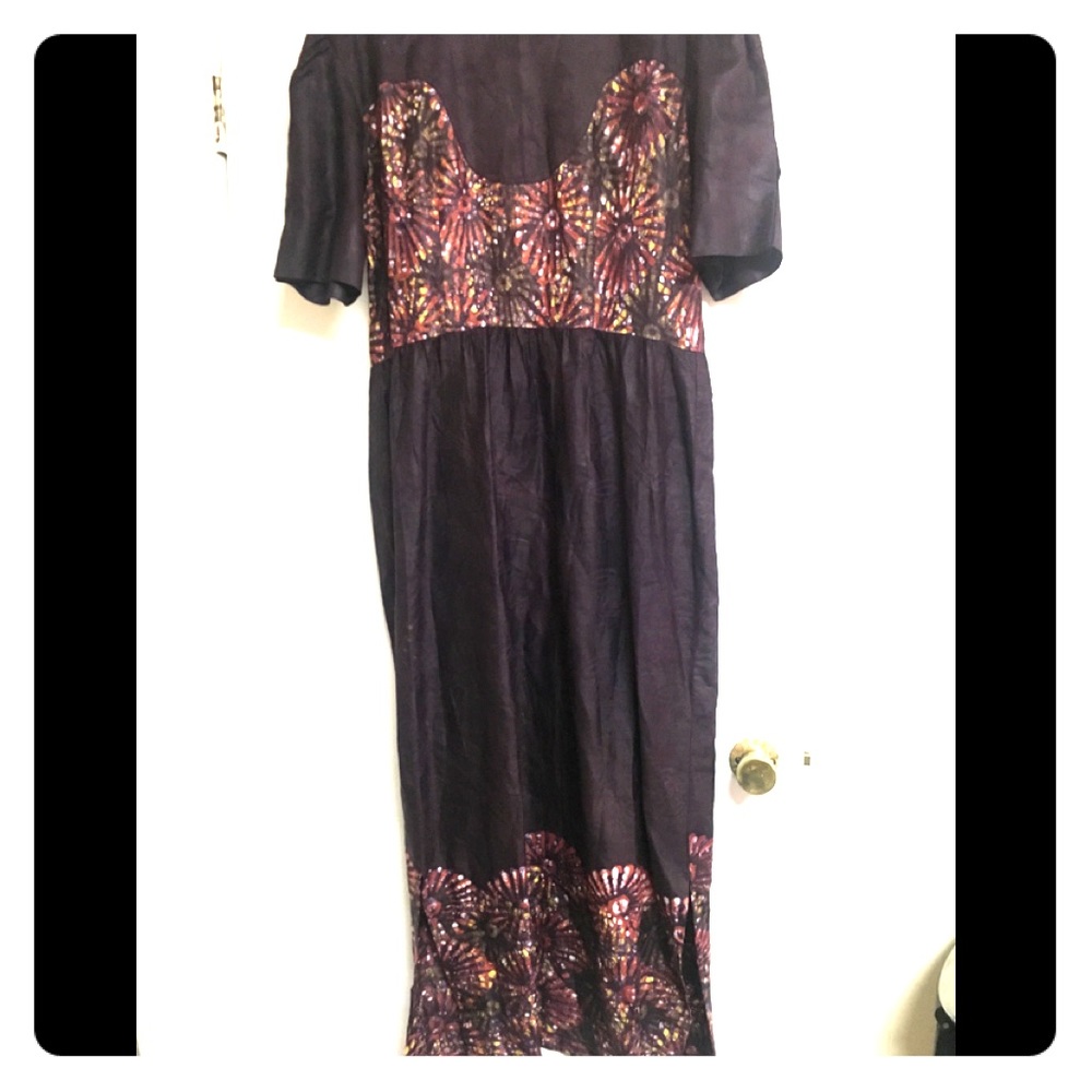 Astounding Rare One of a kind Batik Print 70s Billowing Sleeve Cotton Maxi Dress